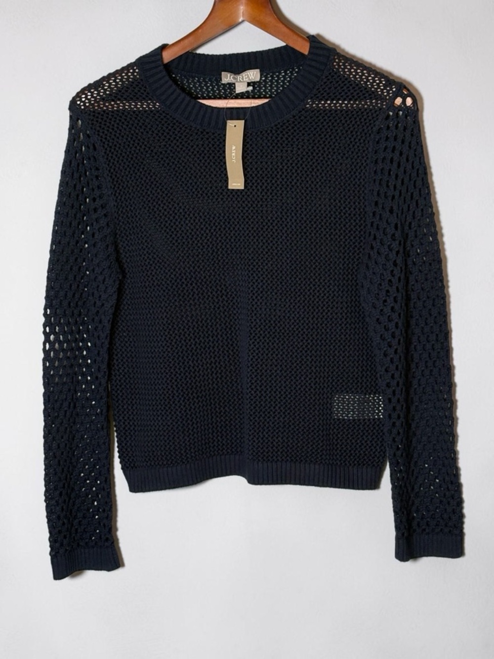 NWT J Crew Crochet Open Knit Crewneck Beach Sweater Navy Blue BQ212 • Size S - Picture 2 of 9